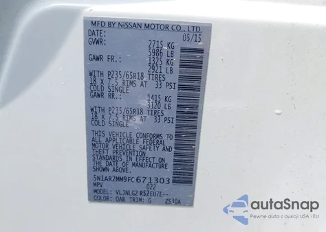 2015 Nissan Pathfinder Sl из США, поврежденный, VIN 5N1AR2MM9FC671303